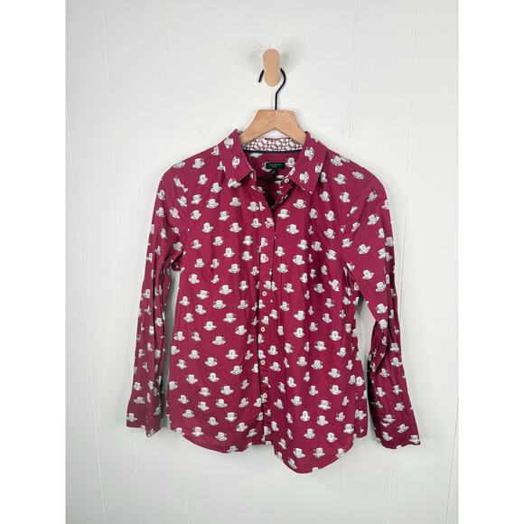 Talbots Tea Time Button Up Shirt Size Medium Petite Coffee Cup Mug Burgundy - Picture 2 of 7
